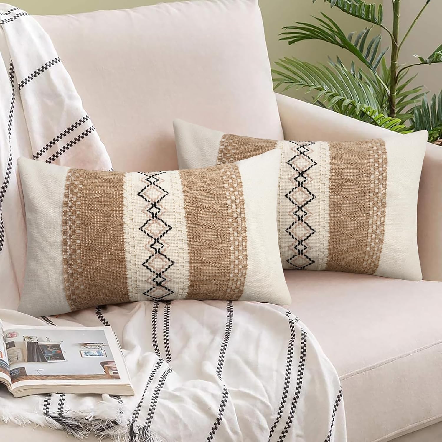 Pyonic Pack of 2 Boho Throw Pillow Covers 12x20 Inch Farmhouse Beige Decorative Lumbar Pillows for Bed Sofa Living Room,Modern Cushion Cover Couch Pillows Cover Home Decor