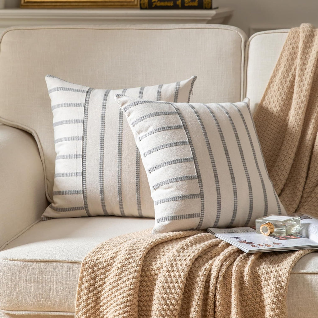 Caflife Boho Throw Pillow Covers 18x18 Set of 2 Soft Farmhouse Decorative Couch Pillow Cases Grey Striped Pillow Covers Neutral Cushion Covers for Sofa Bed Living Room Home Decor