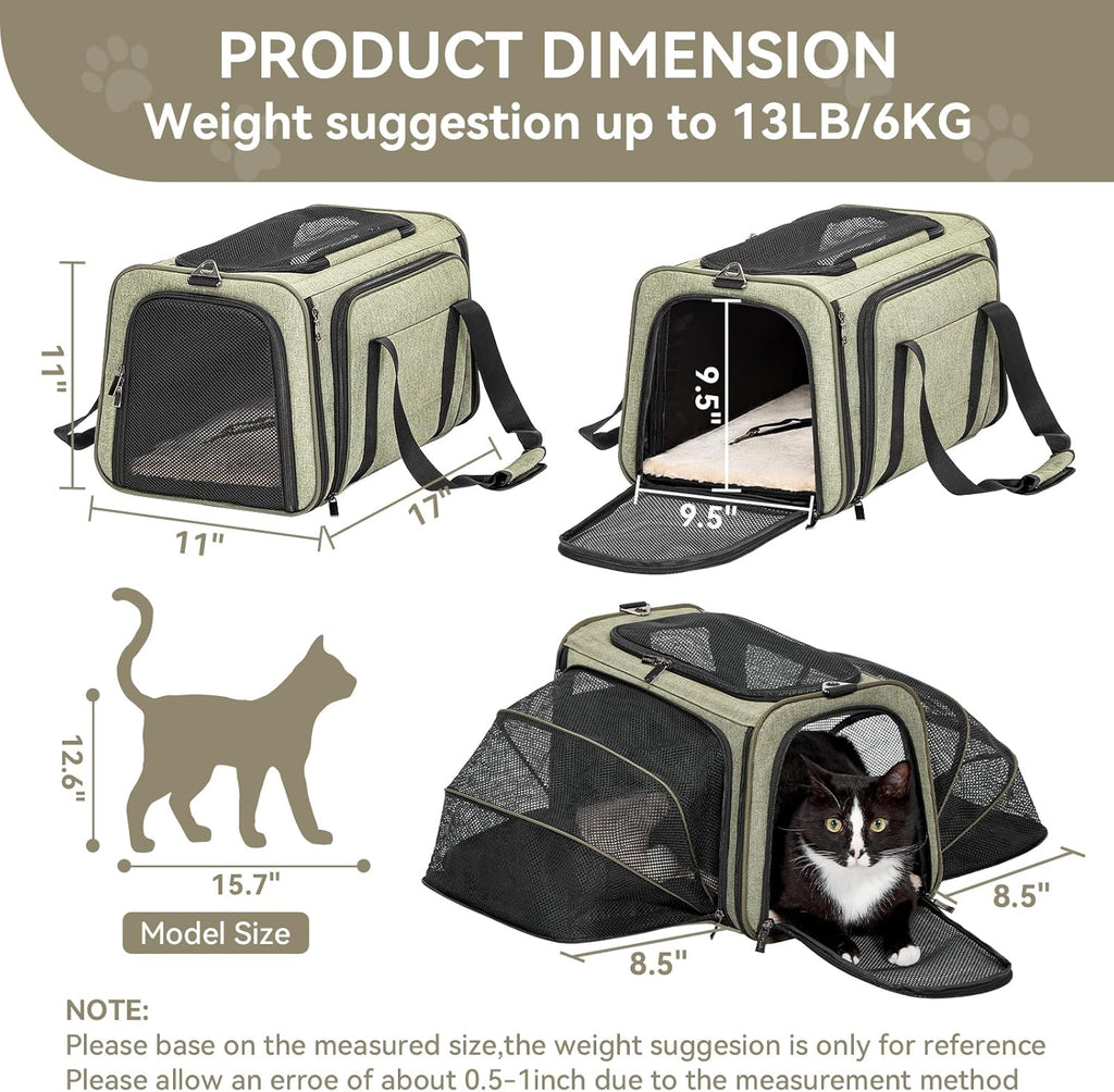 Petsfit Expandable Cat Dog Carrier Airline Approved, 17" L x 11" W x 11" H Soft-Sided Portable Pet Travel Carrier for Kitten, Puppy, Removable Soft Plush Mat and Pockets, Auto-Locking Zippers