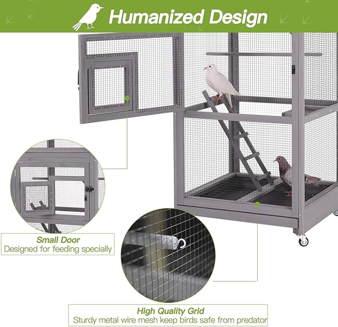 GUTINNEEN Outdoor Bird Aviary Wooden Large Bird Cage on Wheels, Featuring Play Stand, Perches, Nest Habitat, Include Wire Mesh Above Bottom Tray Easy to Clean
