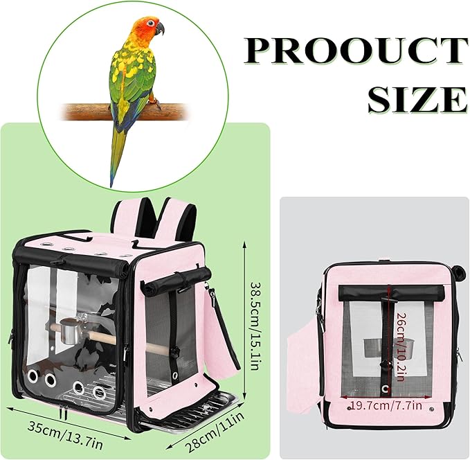 Sanmoncare Bird Carrier for Car Travel with Seat Belt, Indestructible Stainless Steel Mesh Parrot Backpack Travel Cage