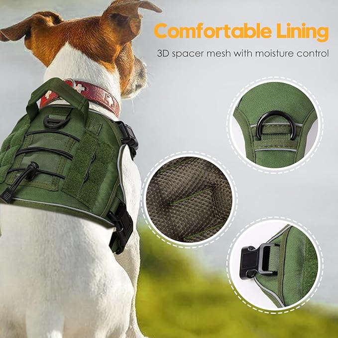 Heavy-Duty Tactical Dog Harness for Large Dogs, No Pull Adjustable Reflective Pet Vest with Molle System, K9 Military-Grade Control for Service Training, Outdoor & 10+ Breeds, Green, Small