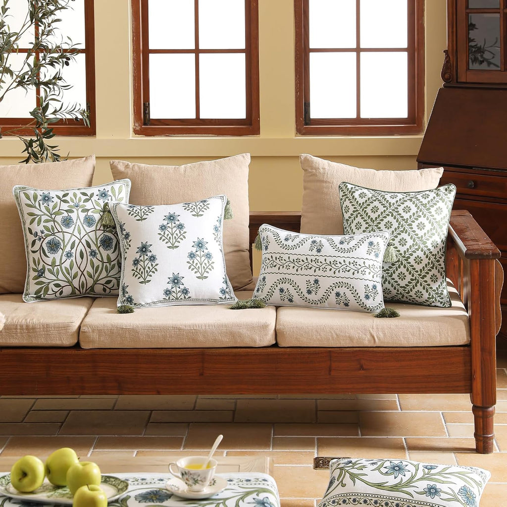 ISAENNE Design Fresh Linen Square Throw Pillow Covers 18"x18", French White Cottage Cushion Covers with Green Branches Pattern Decoration Pillowcases for Bed,Living Room,Outdoor,Car