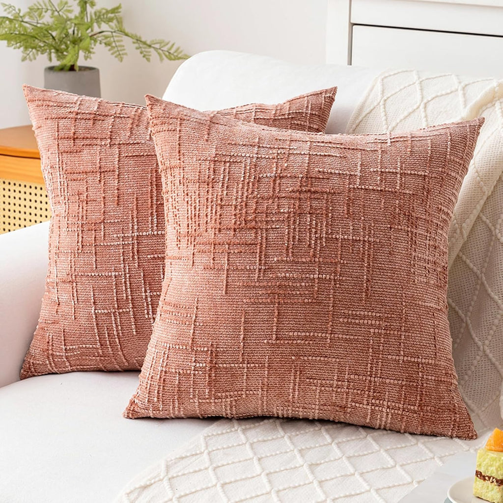 Decorative Throw Pillow Covers 22x22 Inch Set of 2, Soft Solid Farmhouse Chenille Couch Pillows, Spring Pillow Covers for Couch Sofa Bed Living Room Home Decor Pillowcase, Coral