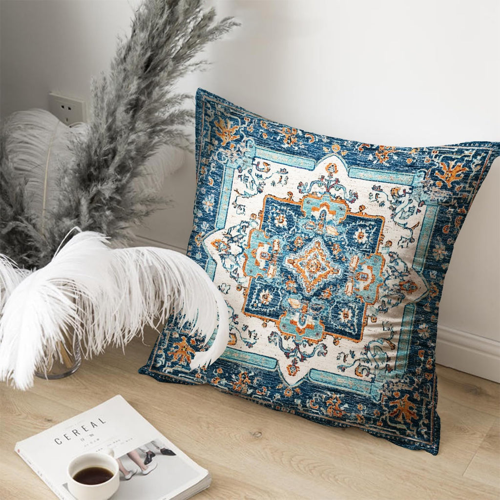 Bohemian Pillow Covers | Vintage Floral & Carpet Design | Double Sided Blue White Decorative Pillowcases for Couch, Bed | Indoor Outdoor Boho Home Decor (Blue&Yellow, 18x18inches)