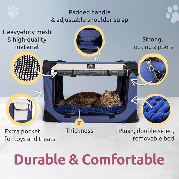 Medium Cat & Dog Carrier for Most Cats or Small Dogs, Soft-Sided, Collapsible with Locking Zippers, Portable Travel Bag with Soft Bed, Navy