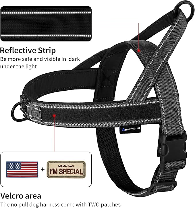 Annchwool No Pull Dog Harness with Soft Padded Handle,Reflective Strip Escape Proof and Quick Fit to Adjust Dog Harness,Easy for Training Walking for Small & Medium and Large Dogs(Black,XL)