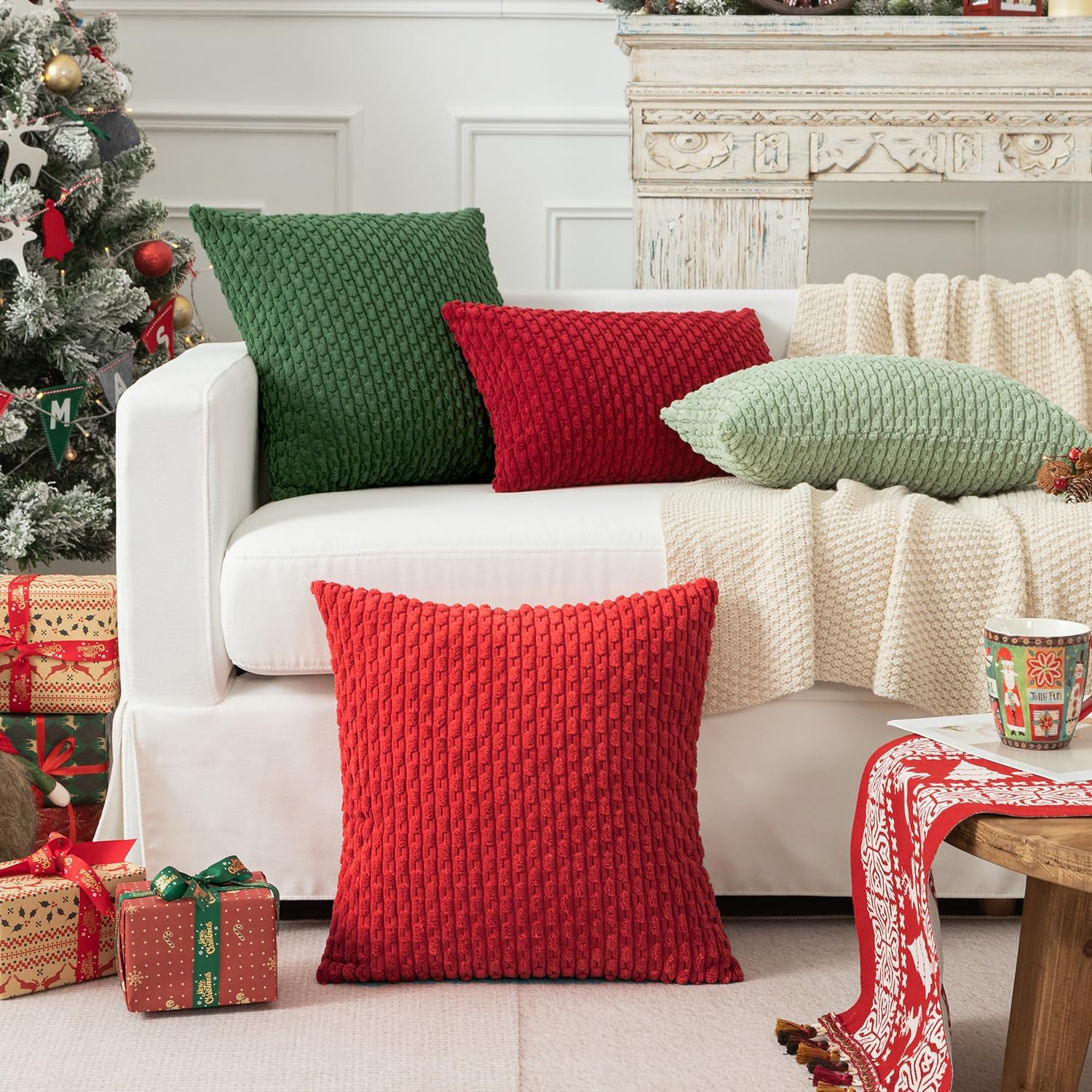 Kevin Textile 12x20 Inch Pillow Cover 1 Pack Boho Christmas Decorative Soft Striped Corduroy Lumbar Farmhouse Color Accent Rectangle Cushion Case for Living Room Couch Sofa Bed, Red