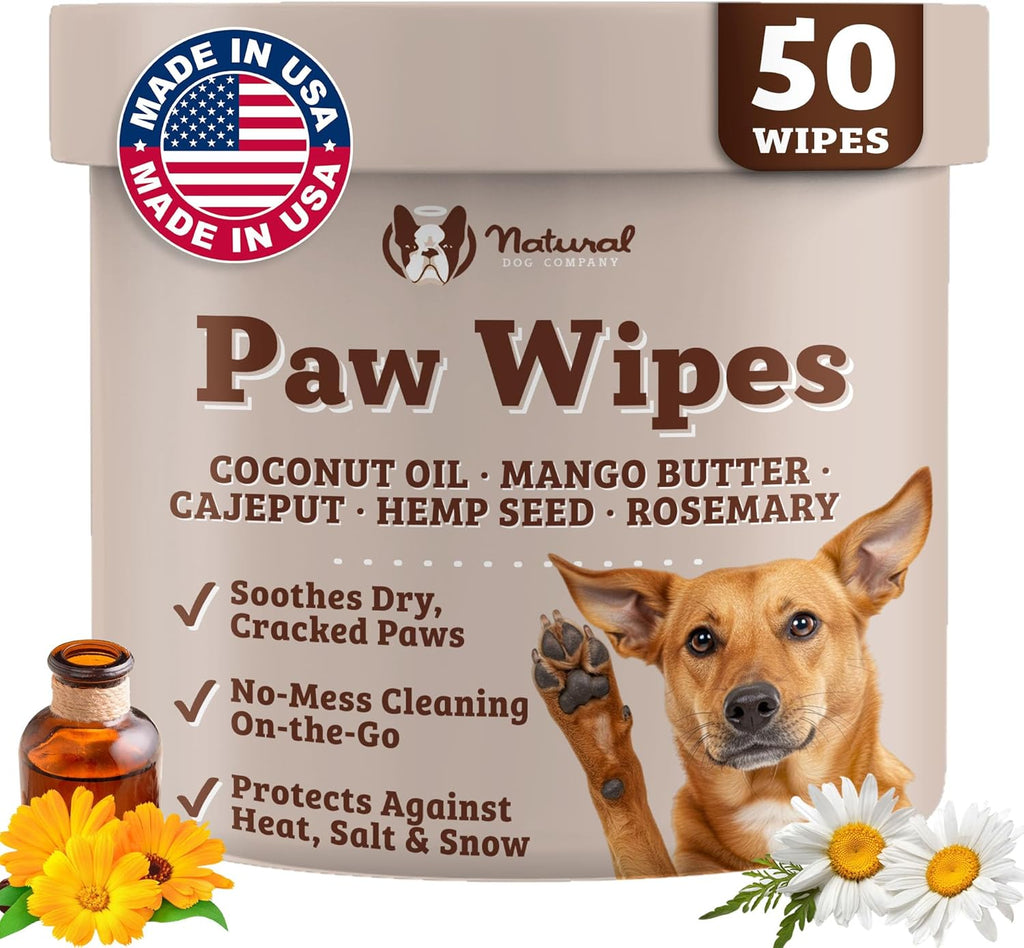 Natural Dog Paw Wipes -50 Ct- Organic, Vegan Pet Paw Wipes for Dogs, Eco-Friendly Dog Paw Wipes for Dogs, Ideal for Removing Dirt, Allergens & Moisturizes Dry Cracked Paws, Coconut Oil & Cocoa Butter