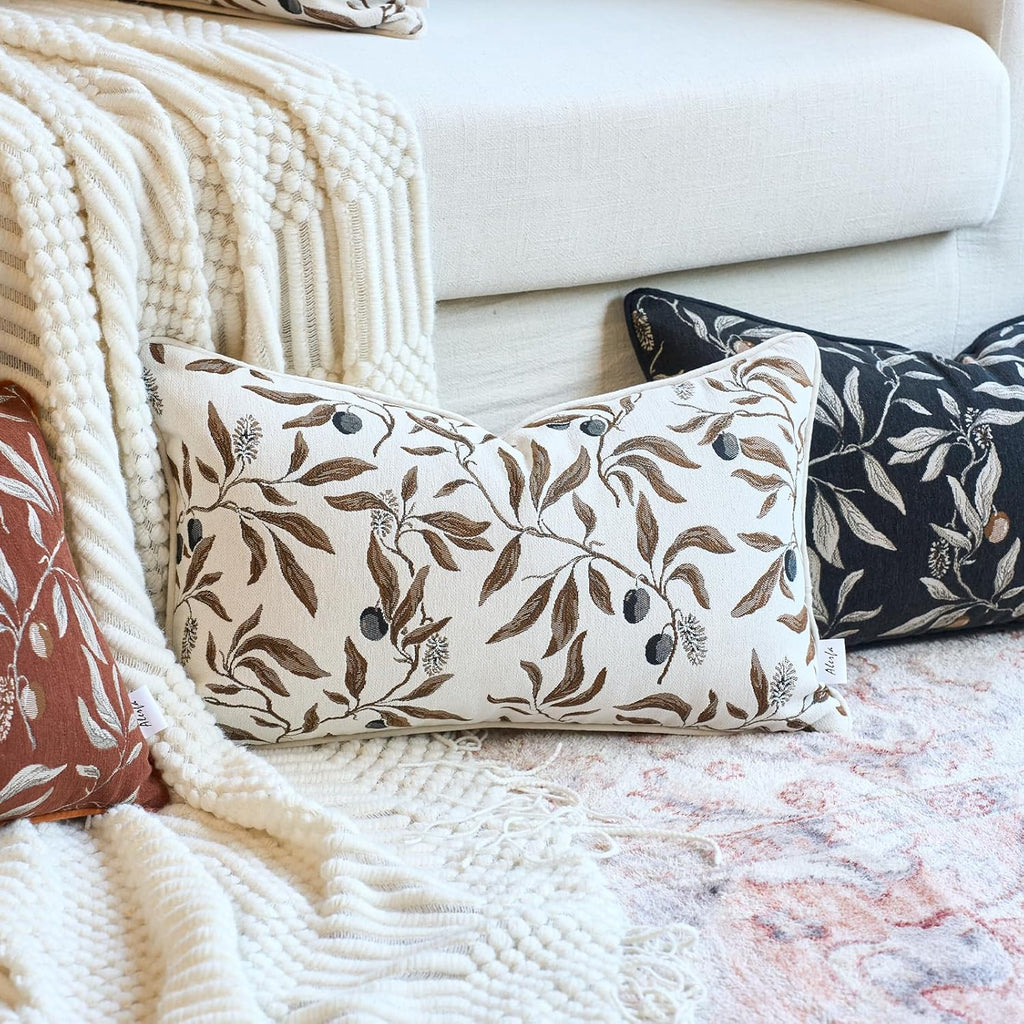 Alerfa Beige Floral Throw Pillow Cover 12 x 20 Inch Rectange Luxury Decorative Lumbar Pillow Cover for Couch Living Room Bedroom