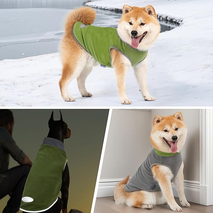 cyeollo 2 Pack Dog Sweater Fleece Vest Dog Sweatshirt Reflective Lightweight Doggie Clothes for Small Dogs Boy Girl Pet Apparel Grass Green, Grey, M