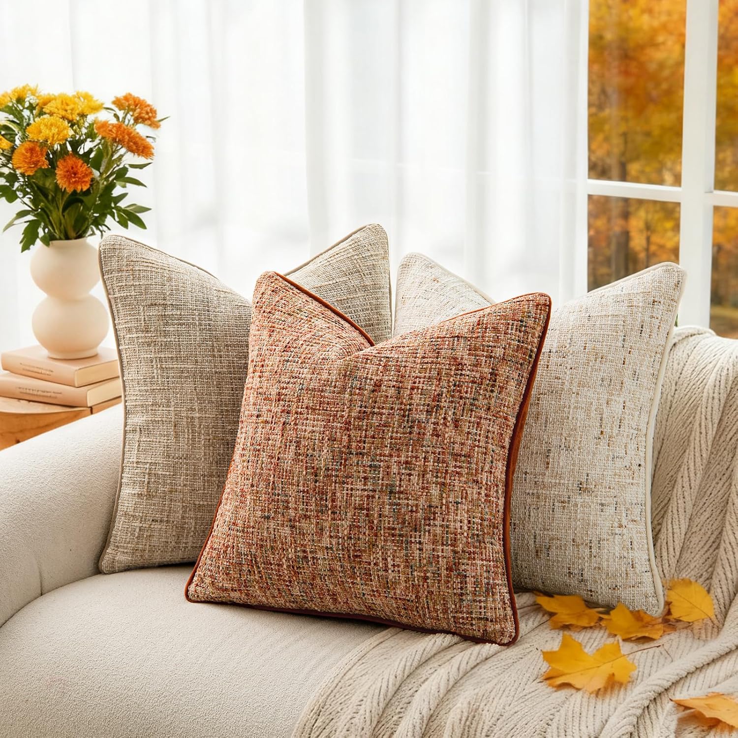 a moment Fall Rust Orange Reversible Pillow Covers 2 Pack - Farmhouse Chenille Throw Pillows, Neutral Textured Decorative Throw Pillow Covers with Border for Couch Sofa Bed (18x18 Inch, No Insert)