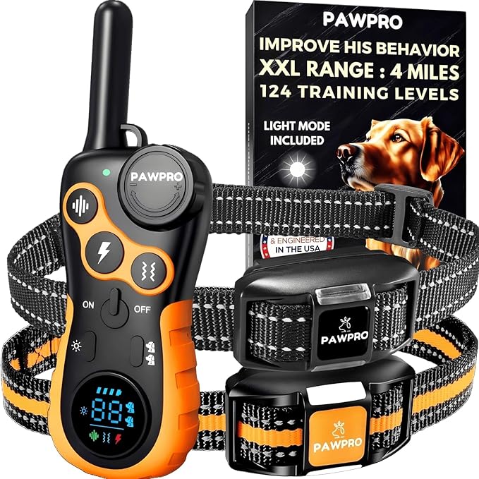 Dog Shock Collar with Remote, Unmatched 4-Mile Range, Night-Light Mode, Training Guide Included, 124 Training Levels & 4 Modes, Beep Vibration Shock, Waterproof Rechargeable, Fits All Dogs (2 Collars)