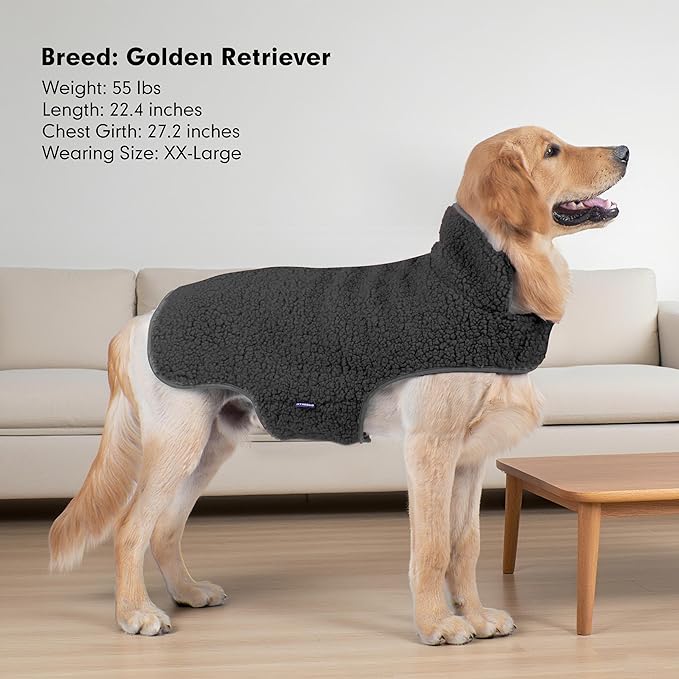 cyeollo 3XL Dog Coat, Fleece Sherpa Winter Sweater Coats, Turtleneck Dog Jacket Vest for Large Dogs with Leash Hole, Soft Reversible Pet Coats for Cold Weather, Dark Grey XXXL