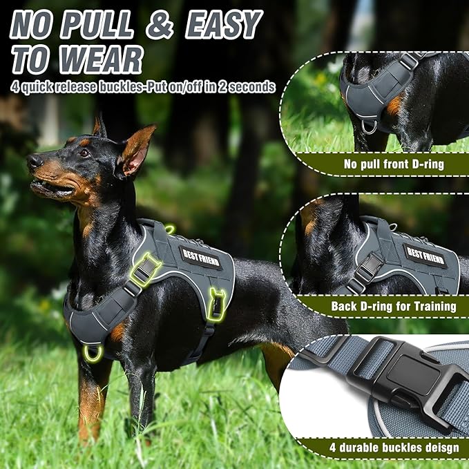 Tactical Dog Harness for Large Dogs,No Pull Military Dog Vest with Handle,Reflective Heavy Duty Pet Harness for Walking Hiking Training Gray L