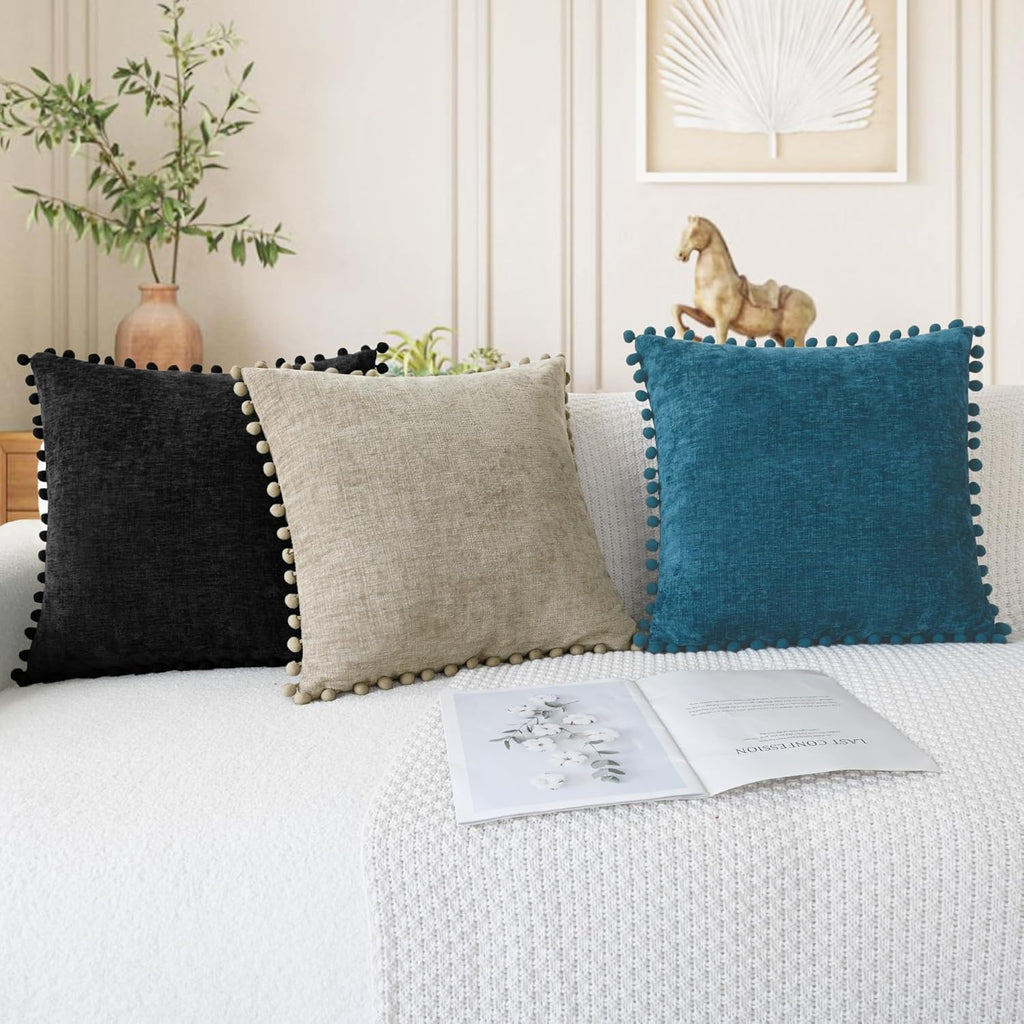 CaliTime Throw Pillow Covers Decorative 16 X 16 Inches Pack of 2 Cozy Solid Dyed Soft Chenille Cushion Cases with Pom Poms for Couch Sofa Bed Living Room Home Black