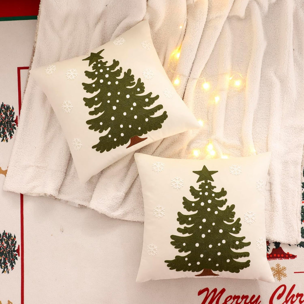 LUOYEHK Christmas Pillow Covers 18x18 Set of 2 Christmas Tree with Snowflakes Decorative Beige Pillow Cases Winter Holiday Velvet Embroidered Cushion Covers for Couch Sofa Bed