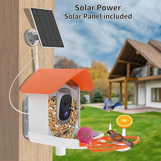 Bird Feeder with Camera,AI Identify Birds Species,Smart Birds Camera with Solar Powered,Auto Record FHD Feather Visitor Video in Backyard,Garden,Instant Notifications,Ideal Gifts for Family,Orange