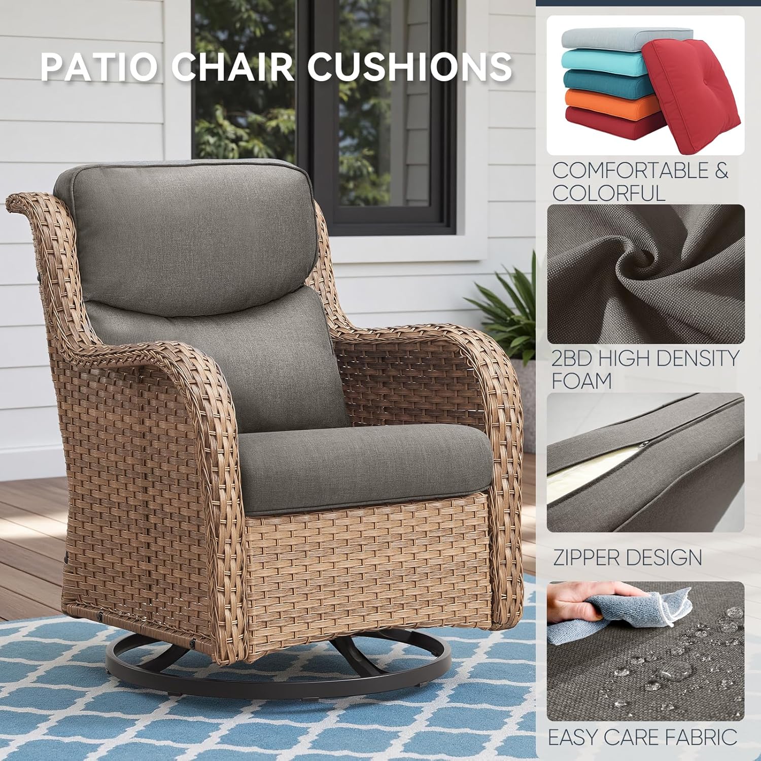 7-Piece Outdoor Patio Cushion Set - Fade & Water Resistant with Removable Olefin Cover, 22x24x4 Inch Memory Foam Cushions for Wicker Sectional Sof - Grey/Crescent