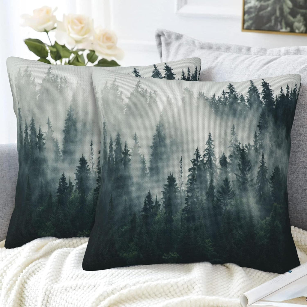 Misty Forest Throw Pillow Cover Case Foggy Forest Throw Pillows Set of 2 Super Soft Pillow Covers 18x18 Inches Farmhouse Home Decor for Living Room Bedroom Sofa Couch Cushion Cover