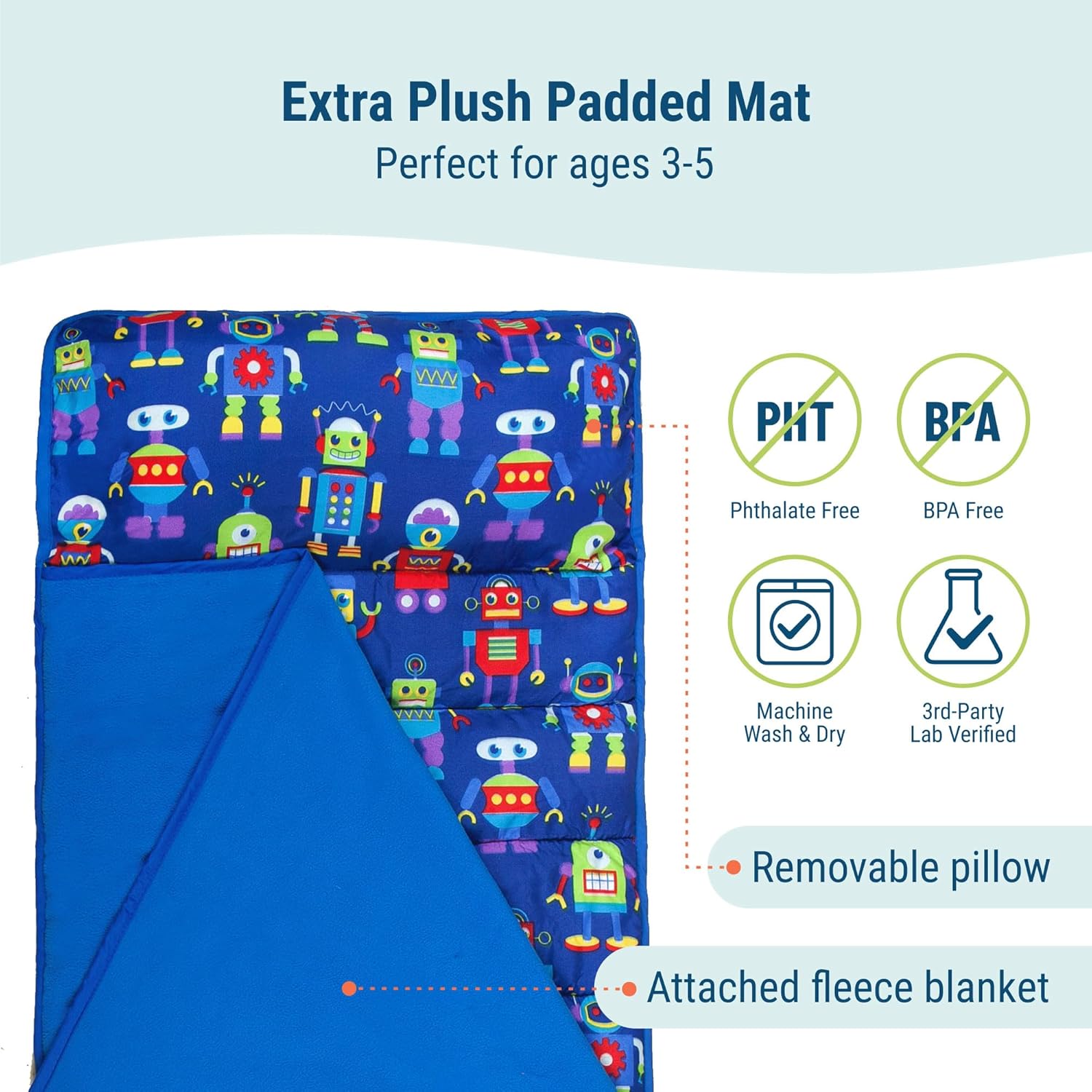 Wildkin 43-inch Kids Nap Mat – Soft Microfiber Toddler Sleeping Mat with Pillow