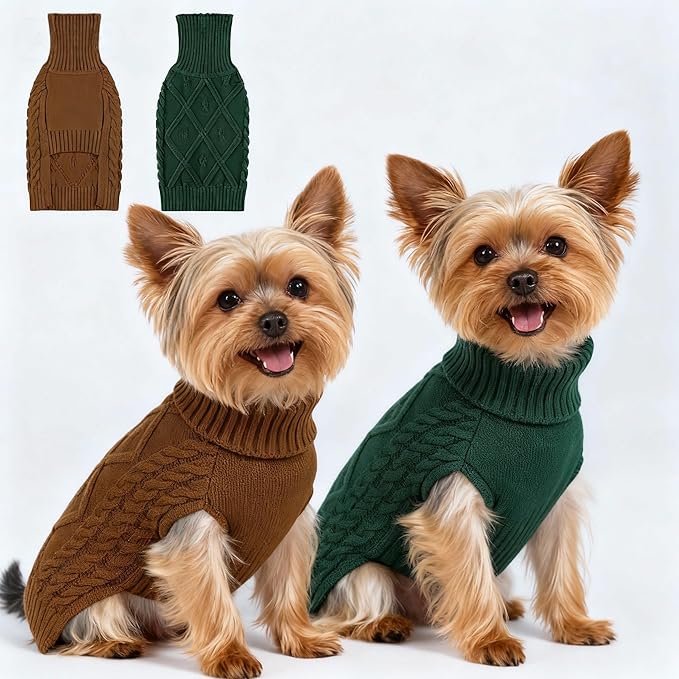 2 Pack Small/Medium Dog Sweater, Warm Comfy Stretch Dog Winter Coat w/Sleeves & High Neck, Premium Dog Clothes for Mini Poodle-Best for Holidays, Daily Walks S Green Brown