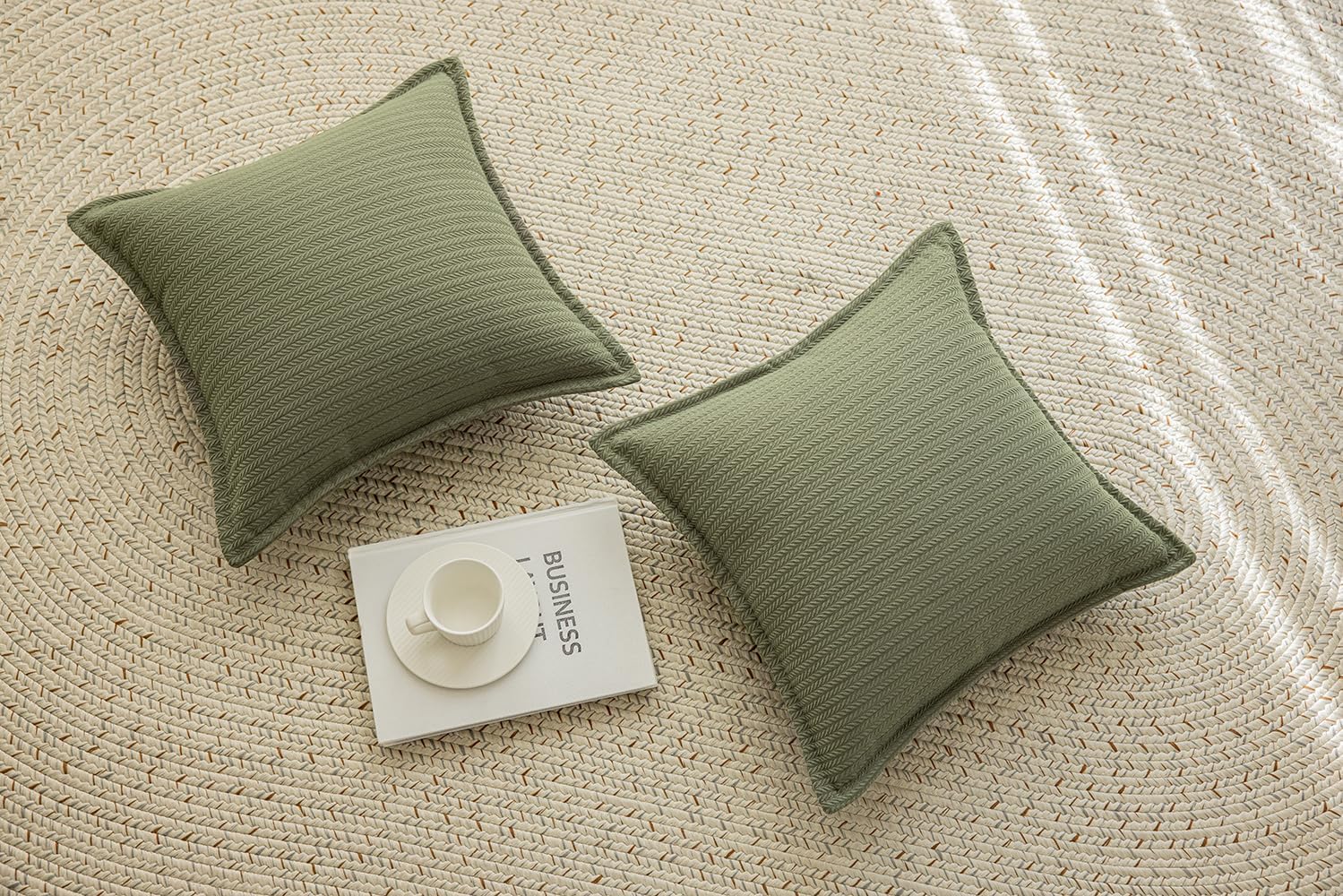 Set of 2 Cozy Striped Herringbone Flange Throw Pillow Covers, Aesthetic Embossed Pattern Pillow Covers for Couch and Bed - 20"x20", Sage Green