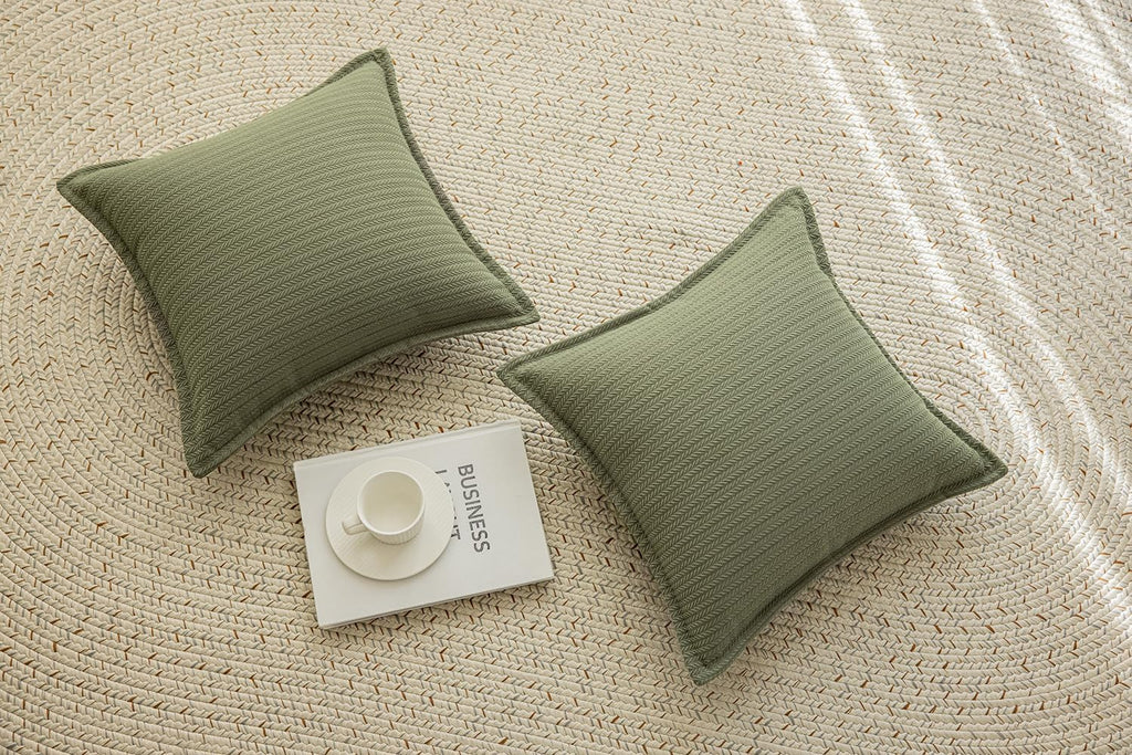 Set of 2 Cozy Striped Herringbone Flange Throw Pillow Covers, Aesthetic Embossed Pattern Pillow Covers for Couch and Bed - 18"x18", Sage Green