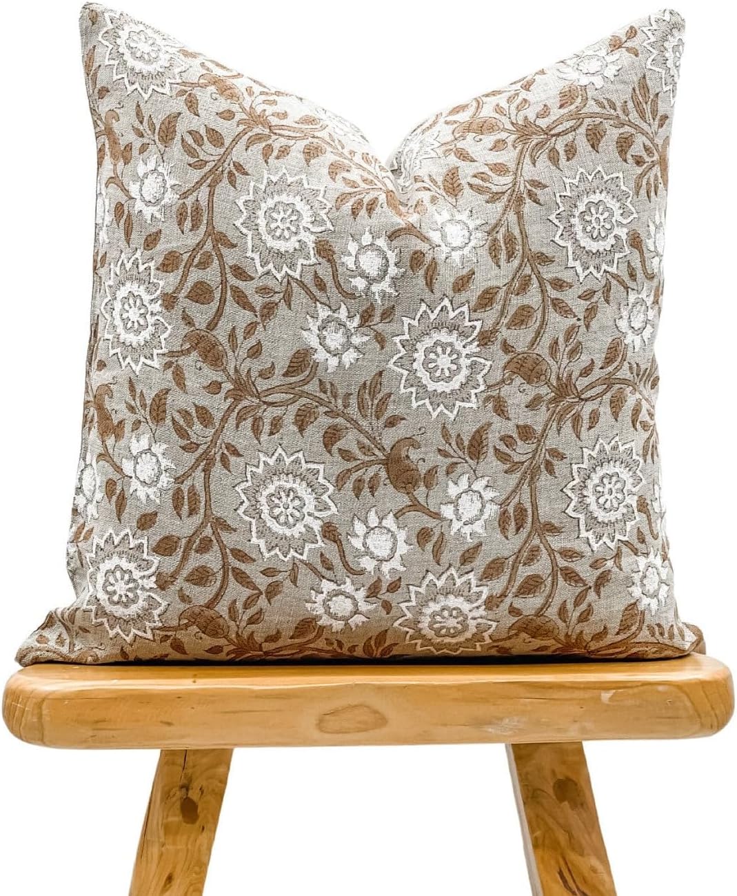 Designer Tan Beige Floral Design on Natural Linen Pillow Cover, Beige and White Pillow Cover, Boho Décor Pillow, Farmhouse Pillow, Floral Pillow Cover (Chalk/Beige, 26x26)