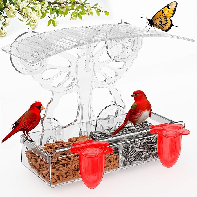 Clear Window Bird feeders with Strong Suction Cups,Butterfly-Shaped Acrylic Window Mount Bird Water feeders for Outdoors Squirrel Proof,Window Bird feeders for Viewing Cats House Gift,Garden Decor;
