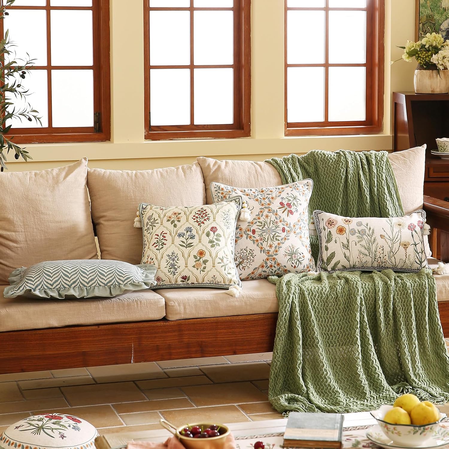 ISAENNE Design Linen Throw Pillow Covers 18"x18", Square Farmhouse Cushion Covers with Yellow Purple Watercolor Wildflower Pattern Decor Pillowcases for Bed,Living Room,Outdoor,Car