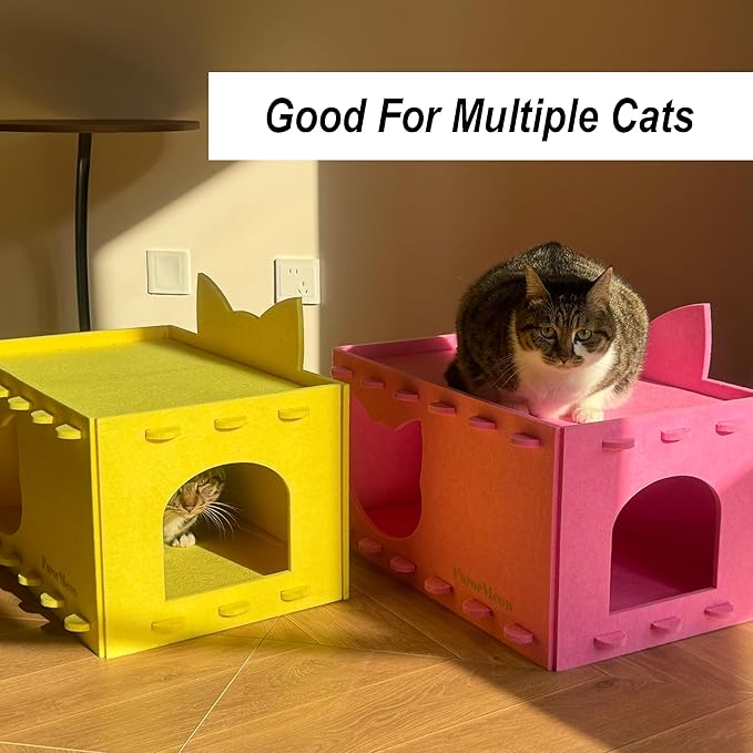 Cat House Cat Ear Design, Large Spacious Cozy Indoor Cat Bed Cave, Scratch Resistant Strong Thick Premium Felt Condo, Fun Hideaway for Multiple Cats, 21.5x13x11.6 inches (Pink)
