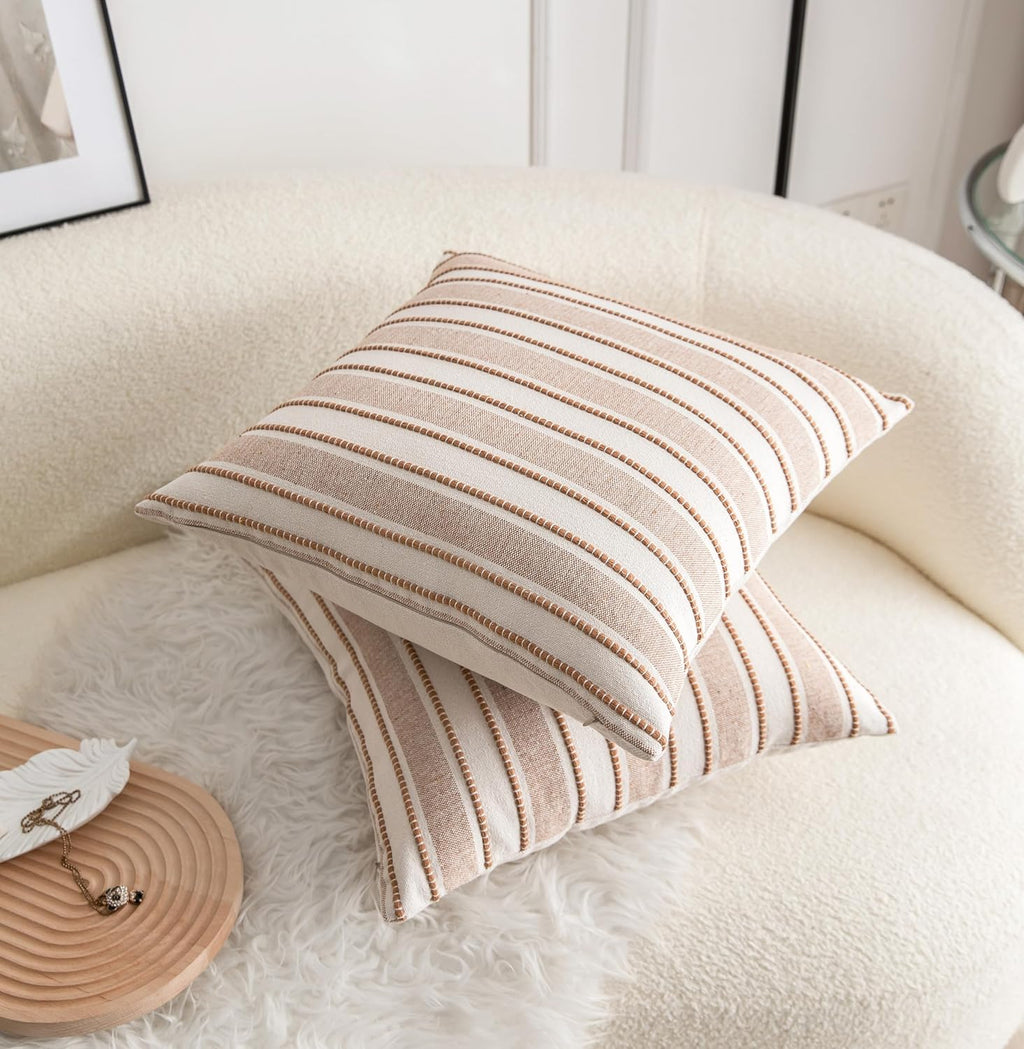 Decorative Boho Throw Pillow Covers, Farmhouse Textured Pillow Case, 22 x 22 Inch Set of 2, Chair Sofa Bedroom Living Room Home Decor Couch Cushion Case, Brown and Beige Striped