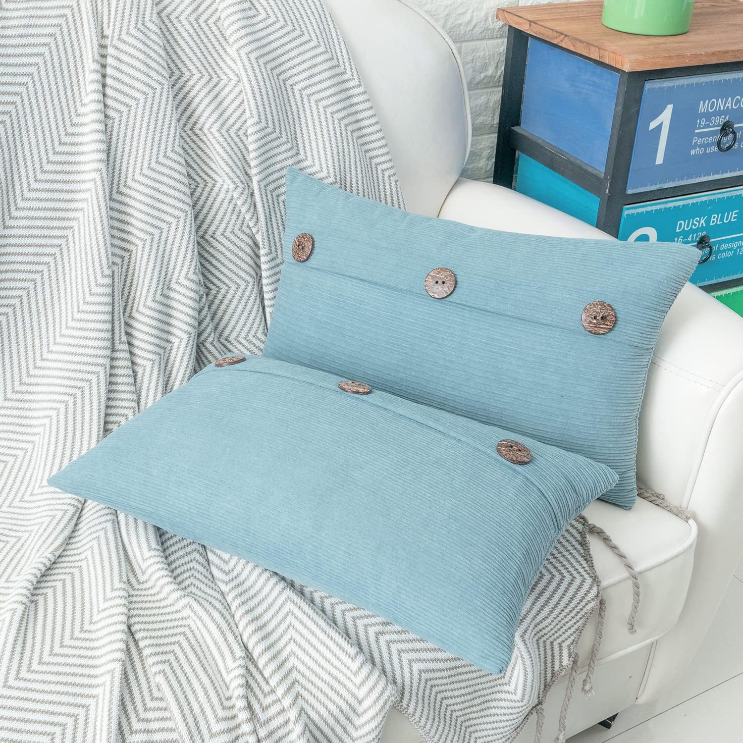 HWY 50 Light Blue Chenille Throw Pillow Covers 12x20 Inch with Triple Buttons, Soft Farmhouse Accent Decorative Cushion Cases for Couch Sofa Living Room Pack of 2 Rectangle