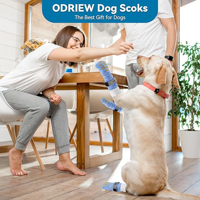 6 Pcs Dog Socks to Prevent Licking Paws, Dog Booties for Hardwood Floors Anti Slip, Socks for Dogs with Grippers to Prevent Scratching, Puppy Small Large Indoor Dogs Grip Socks. (Blue, L)