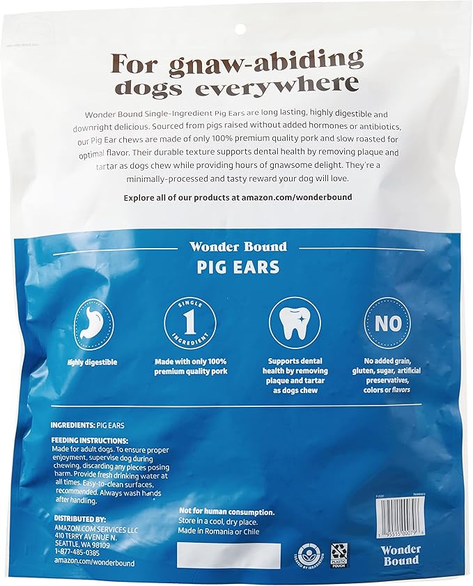 Amazon Brand - Wonder Bound Whole Pig Ears, Single Ingredient, Highly Digestible, Dog Treats for Puppy and Large/Medium Dogs, Pork, 18 count, 12.7 ounce (Pack of 1)
