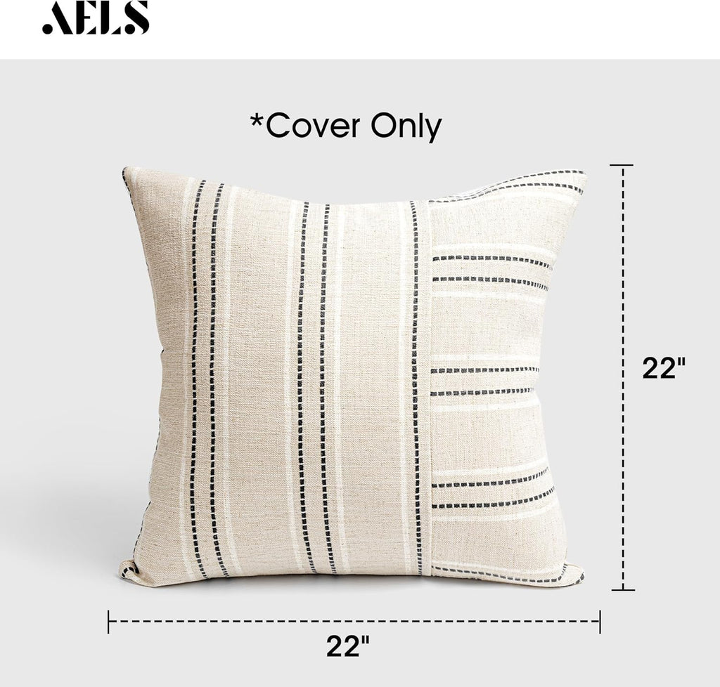 AELS 22x22 Decorative Farmhouse Linen Throw Pillow Covers, Boho Textured Pillow Case, Set of 2, Beige with White & Black Stripe Patchwork Cushion Cover for Sofa Couch Living Room (Cover ONLY)