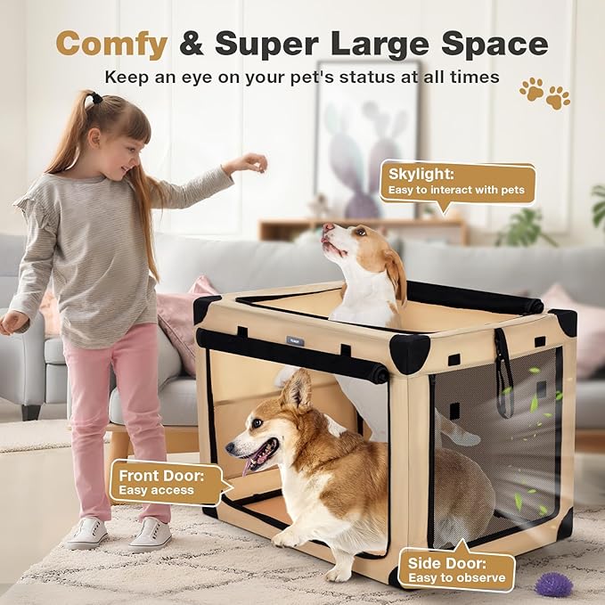 38 Inch Collapsible Travel Dog Crate for Large Dogs, Portable 4-Door Foldable Soft Kennel with Mat and Durable Mesh Windows for Car & Outdoor, with Storage Bag