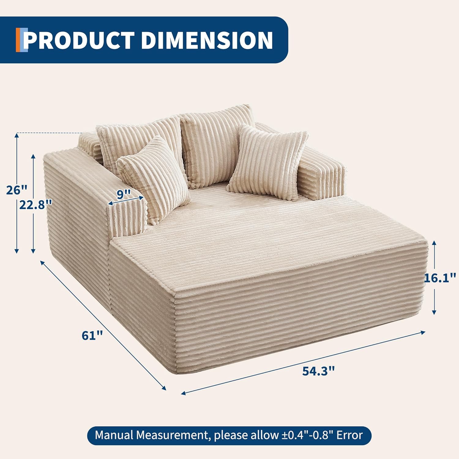 61" Oversized Chaise Lounge Chair Indoor, Boneless Couch Cloud Fluffy Chaise Lounges Corduroy Upholstered Sofa Bed w/Throw Pillows for Living Room Home Camel