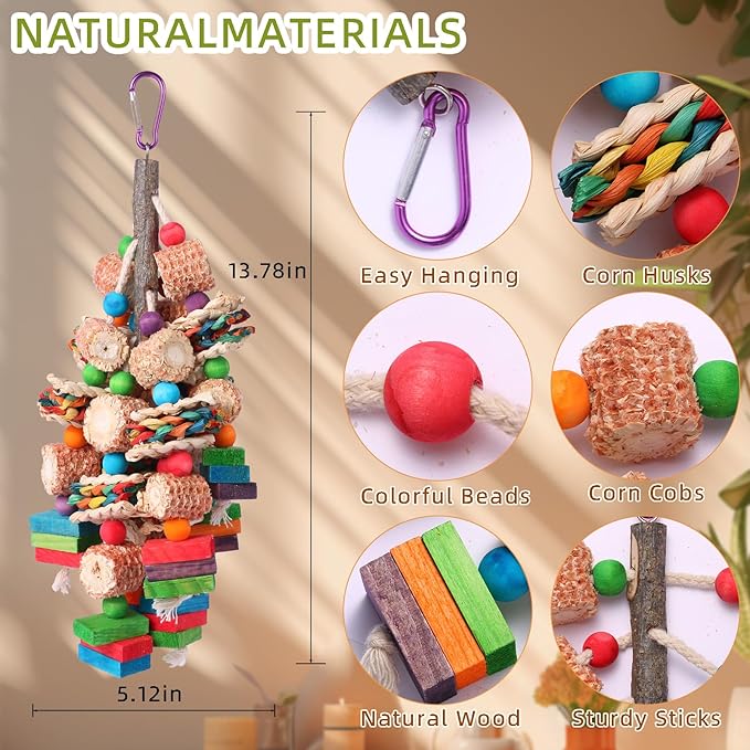 Parrot Toys for Medium and Large Birds Natural Wood Corn Cob Chewing Toy Bird Cage Accessories for African Grey,Macaws,Conure,Cokatoos,Cockatiel,Amazon Parrots