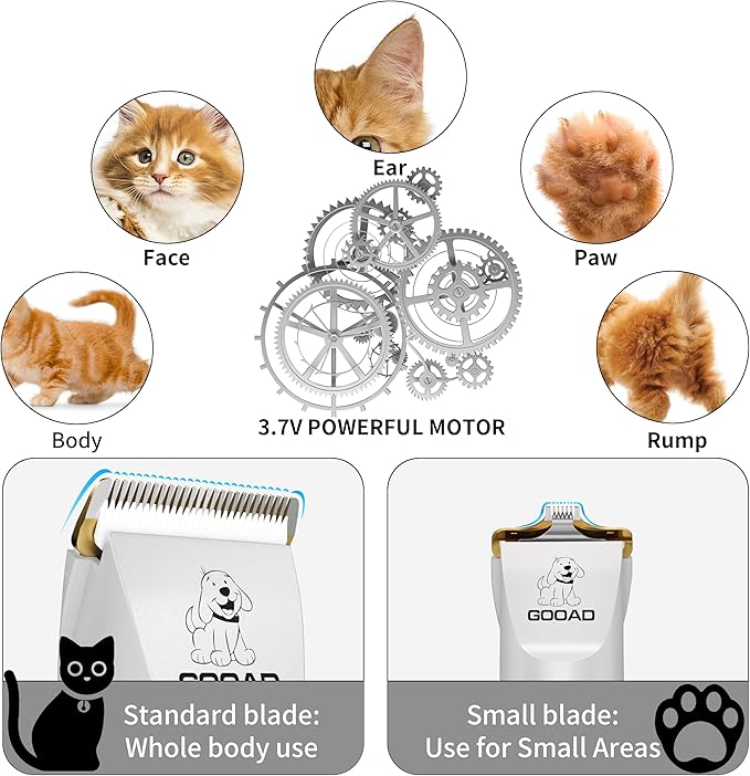 Goood Cat Clippers for Matted & Long Hair, Low Noise Paw Trimmer, Quiet Pet Hair Clippers (White)