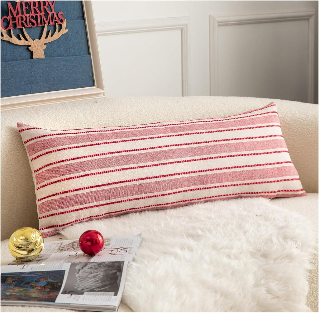 Christmas Lumbar Pillow Covers, Boho Textured Long Accent Pillow Case, Red Pillow Covers 14 x 36 Inch Christmas Decorative, Chair Sofa Bedroom Living Room Home Decor Cushion Case, Pack of 1
