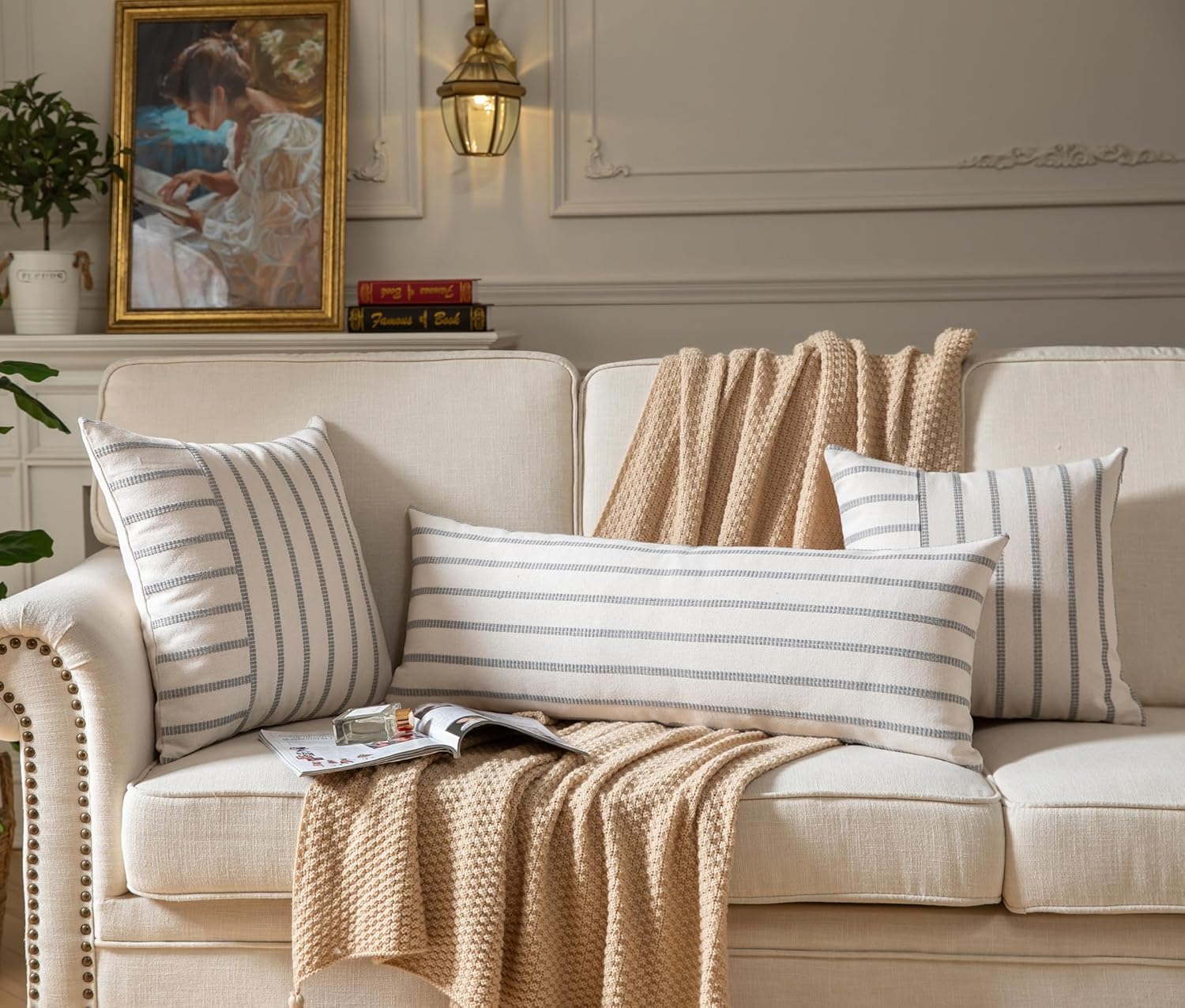 Caflife Boho Lumbar Throw Pillow Cover 14X36 Long Soft Farmhouse Decorative Couch Pillow Cases Grey Striped Body Pillow Covers Neutral Cushion Covers for Sofa Bed Living Room Home Decor Pack of 1