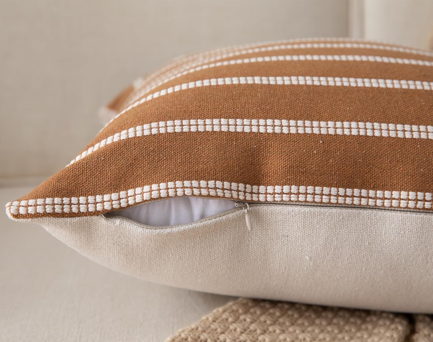 Caflife Boho Throw Pillow Covers 20x20 Set of 2 Soft Farmhouse Decorative Couch Pillow Cases Brown Striped Pillow Covers Neutral Cushion Covers for Sofa Bed Living Room Home Decor