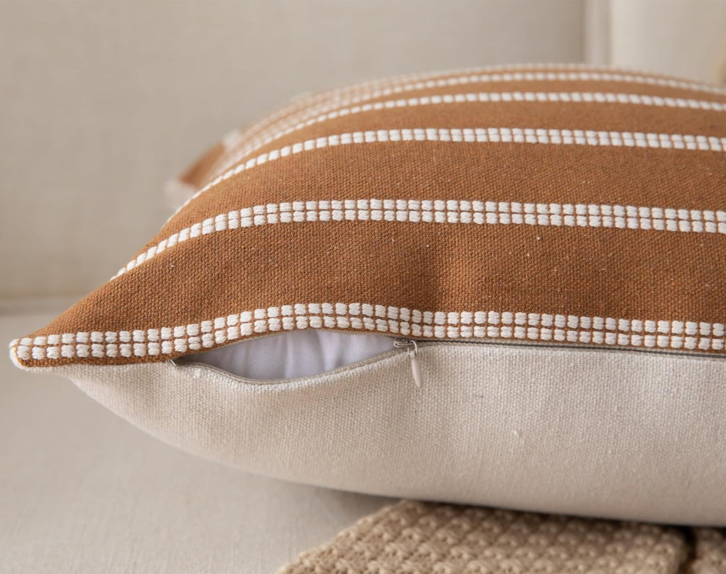 Caflife Boho Throw Pillow Covers 18x18 Set of 2 Soft Farmhouse Decorative Couch Pillow Cases Brown Striped Pillow Covers Neutral Cushion Covers for Sofa Bed Living Room Home Decor