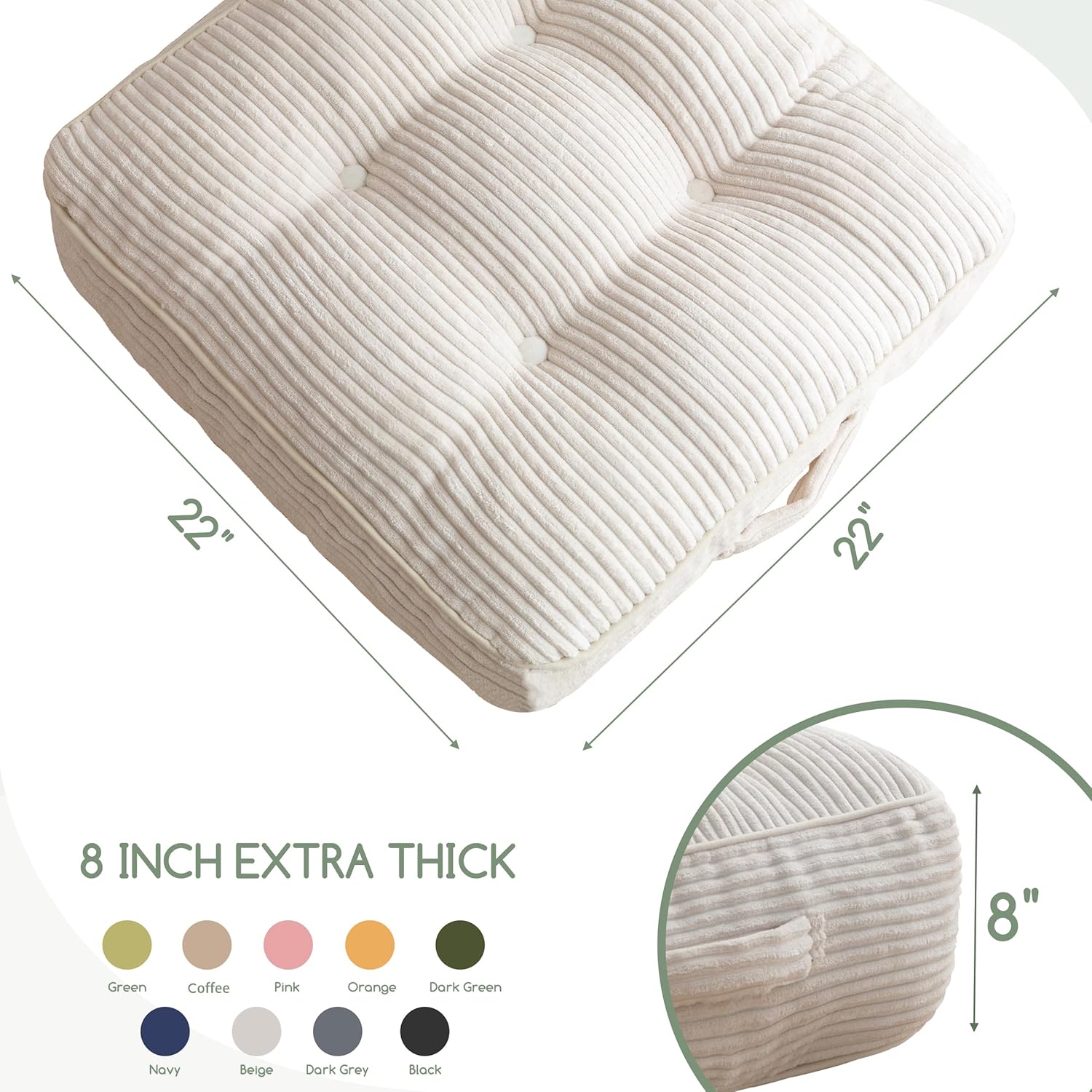8" Washable Floor Pillow Cushion for Adults, Meditation Cushion Pillow, Large Square Floor Sitting, Removable Tufted Corduroy Cover, for Tatami Living Room or Yoga, 22x22 Inch, Machine Washable