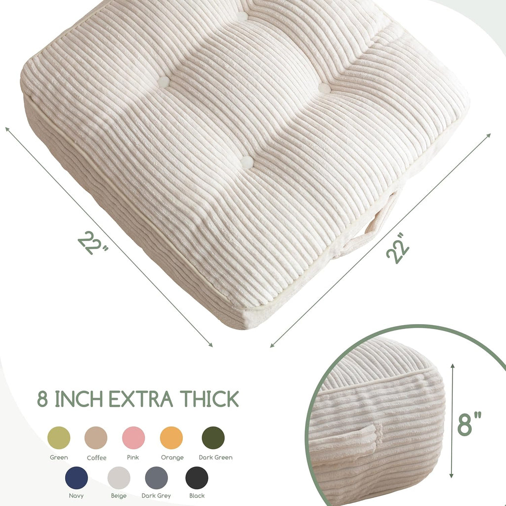 8" Washable Floor Pillow Cushion for Adults, Meditation Cushion Pillow, Large Square Floor Sitting, Removable Tufted Corduroy Cover, for Tatami Living Room or Yoga, 22x22 Inch, 2Pack, Machine Washable