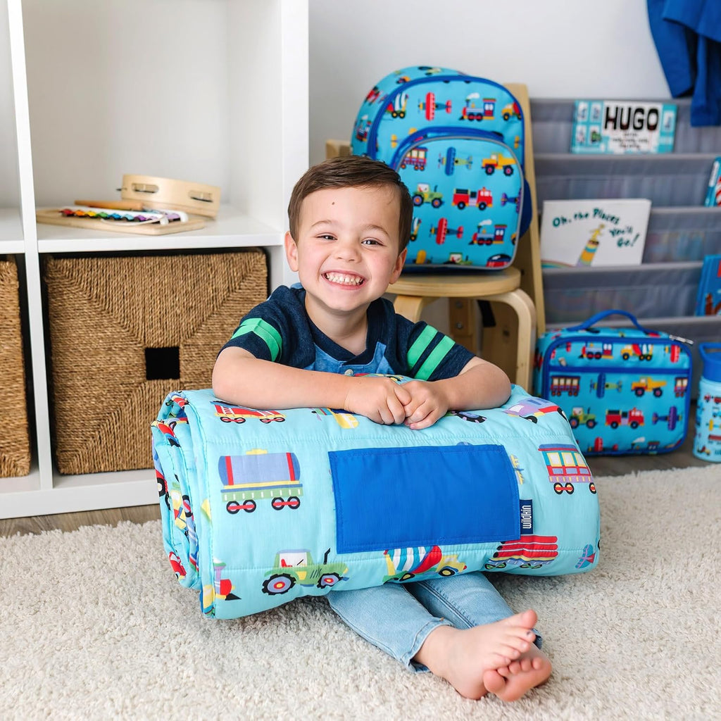 Wildkin Kids Original Nap Mat – Cozy Kids Sleep Mat with Pillow, Ideal for School & Travel - Trains, Planes, and Trucks