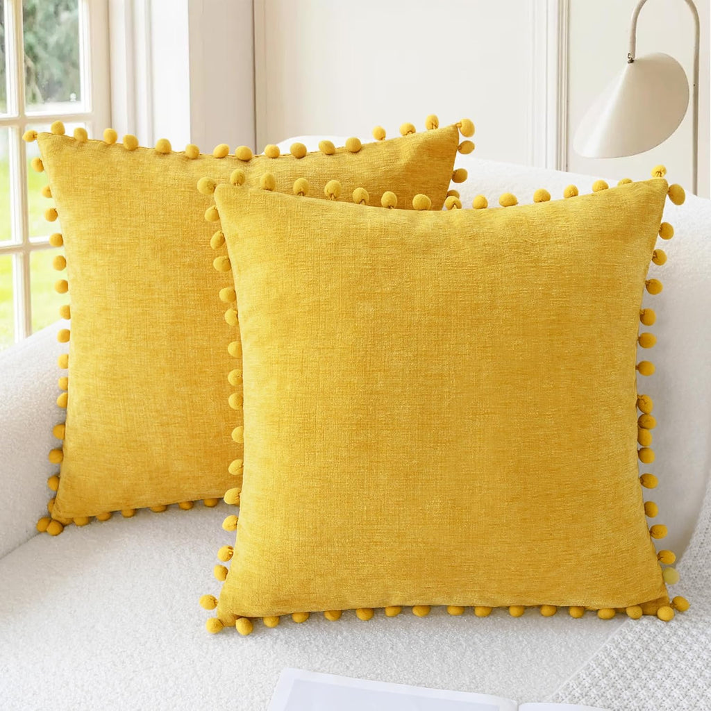CaliTime Throw Pillow Covers Decorative 18 X 18 Inches Pack of 2 Cozy Solid Dyed Soft Chenille Cushion Cases with Pom Poms for Couch Sofa Bed Living Room Home Mustard Yellow