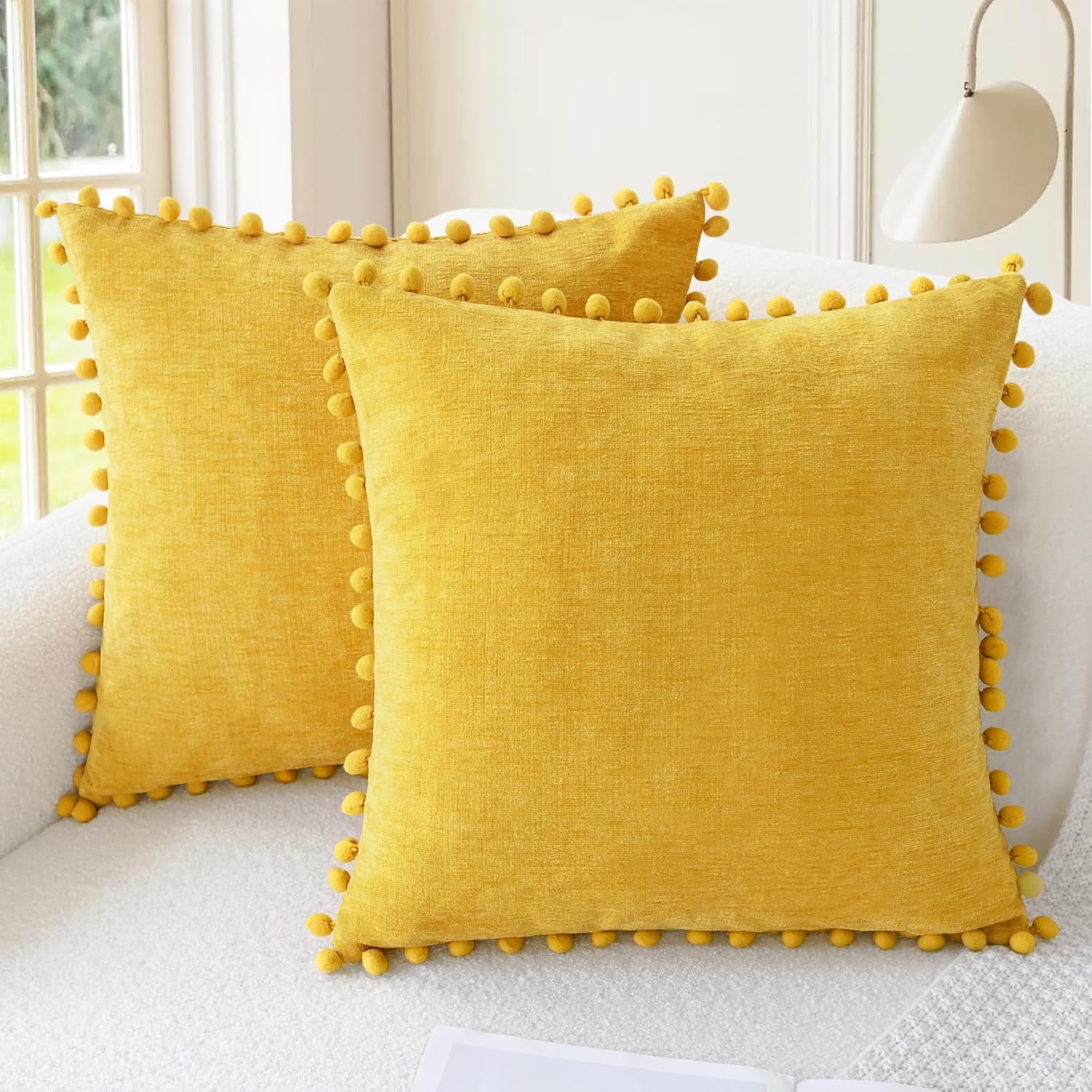 CaliTime Throw Pillow Covers Decorative 18 X 18 Inches Pack of 2 Cozy Solid Dyed Soft Chenille Cushion Cases with Pom Poms for Couch Sofa Bed Living Room Home Mustard Yellow
